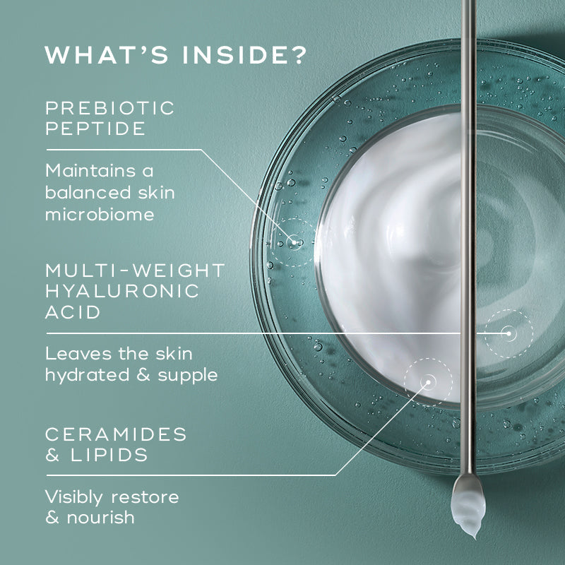 A bowl of Total Moisture Daily Facial Cream™ with a metal spatula. Text on the image lists ingredients: prebiotic peptide, multi-weight hyaluronic acid, and ceramides & lipids, each with their skincare benefits. Perfectly complements Medik8's C-Tetra serum for radiant skin.